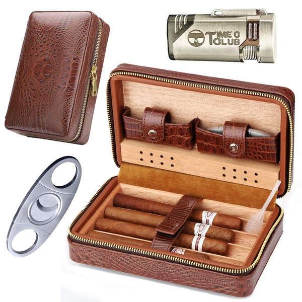 M Time C club 4-Finger Cigar Case, Cigar Humidor Portable Travel Crocodile Skin-Style Burgundy Leather Cigar Case Humidifier