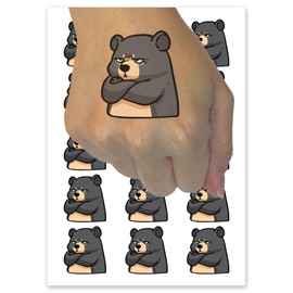 Grumpy Cartoon Black Bear Arms Crossed Temporary Tattoo Water Resistant Fake Body Art Set Collection - 15 2" Tattoos (1 Sheet)