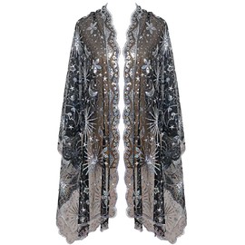 keland Women's Festive Sequin Cape Scarf Shawl Stole Scarf for Evening Dress, A-Black & White