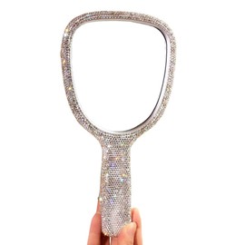 Bling Bling Handheld Mirror - HD Portable Compact Makeup Mirror with Rhinestone Accents - Luxury Desktop Cosmetic Mirror Gift (Silver)