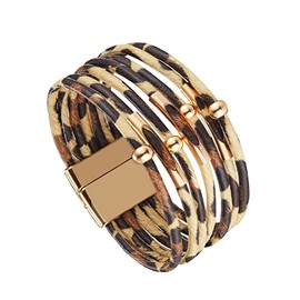 Women's Faux Leather Leopard Print Fashion Cuff Bracelet with Buckle Multilayer Boho Bangle Wrap Bracelet Personality Stylish Leopard Leather Bracelet Gold Beads for Casual Wear for Women and Men