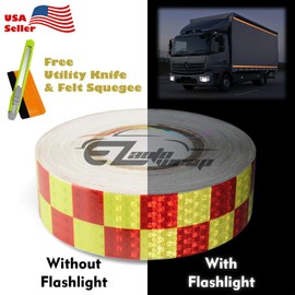 Free Tool Kit 2"x120ft Checker Red Neon Yellow Night Reflective DOT-C2 Safety Tape Warning Caution Adhesive Conspicuity Arrow Marking Decal Sticker Film Truck RV Trailer Boat ATV Construction Outdoor