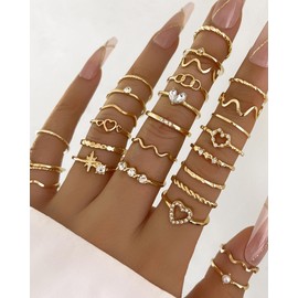 LANWLOSI 28 Pcs Gold Knuckle Rings Set for Women Dainty Stacking Finger Rings Pack Stackable Joint Finger Midi Rings Aesthetic Simple Stacking Rings on Thumb Knuckle