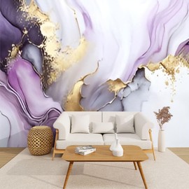 Peel and Stick Wallpaper Beautiful abstract purple gold marble liquid ink art Luxury lavender Canvas Wallpaper Self Adhesive Wall Decals Removable Wall Mural for Room Decor Bedroom Living Room