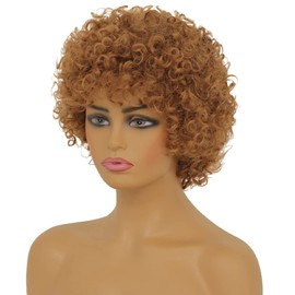Swiking Blonde Short Curly Kinky Women Wigs With Bangs Afro Hair Fluffy Natural Looking Synthetic Heat Resistant Daily Cosplay Wigs(Brown Blonde)