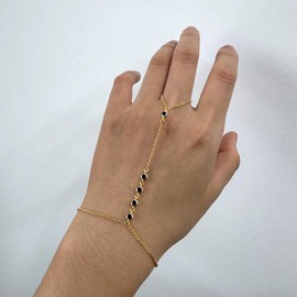 14K Gold Sapphire Blue CZ Finger Ring Bracelet Hand Chain for Women, 925 Sterling Silver September Birthstone Jewelry Slave Bracelets 7" to 9" Adjustable