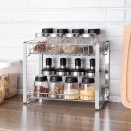 SONGMICS 2 Tier Kitchen Rack Metal Spice Rack with Plastic Plates, Non-Slip Feet, Easy to Assemble for Work Top, Pantry, Bathroom, Kitchen