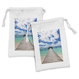 Lunarable Ocean Fabric Pouch Set of 2, Caribbean Seascape Jetty and Sail Boat Cloudy Sky Clear Exotic Americana, Small Drawstring Bag for Toiletries Masks and Favors, 9" x 6", Turquoise Blue White