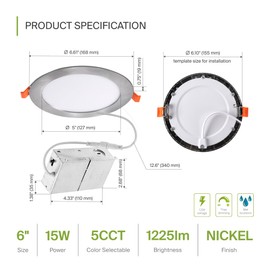 ASD 12 Pack LED Recessed Lighting 6 Inch 15W, 5 CCT 2700K-5000K CRI90+, IC Rated Ultra Thin Dimmable Ceiling Lights with J Box, Canless Wafer Downlight, Round Slim Panel Light, UL Energy Star, Nickel