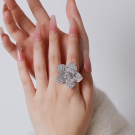 Bohemian Rhinestone Flower Wrap Adjustable Open Band Rings for Women Camellia Flower Chunky Finger Bands Statement Promise Ring Dainty Jewelry (Silver)
