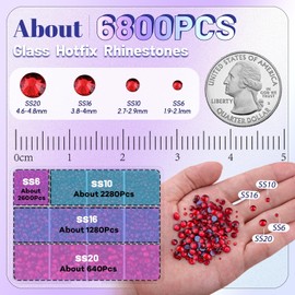 6800Pcs Hotfix Rhinestones for Clothing, Dark Siam 2-5mm Mixed Sizes Iron On Flatback Glass Gems, Bedazzling Crystals Rhinestones for Crafting Hats Shoes Fabric Decor Nail Art