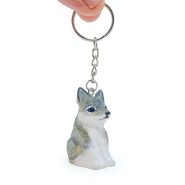 Selsela Wolf Keychain Ring Clip Charm Miniature Wood Mini Figurine Small Animal
