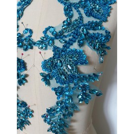 Handmade Beaded Rhinestone Appliques Sew on Crystal Lace Patch, 1 Pair for DIY Clothing, Wedding Dress,Multi-Color Costume Decoration (Light Blue)