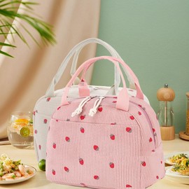 Pink Insulated Lunch Bags Strawberry Lunch Bags Cooler Tote Large Cute Lunch Bag Cream Cooler Tote Lunch Box for Women Work Picnic Camping Travel(Pink Strawberry)