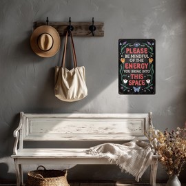 Heuhuww Vintage Positive Energy Metal Sign-Please Be Mindful of the Energy You Bring Into This Space Wall Decor for Home Yoga Cafes Bedroom Good Vibes Only Sign 8"x12"(H25)