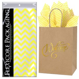 Flexicore Packaging Natural Brown Kraft Paper Welcome Bags & Yellow Gift Wrap Tissue Paper | Size: 8 Inch X 4.75 Inch X 10.5 Inch | Count: 50 Bags | Color: Yellow Chevron
