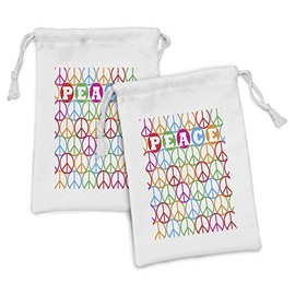 Ambesonne Retro Fabric Pouch Set of 2, Colorful Internationally Recognized Peace Sign Letters Counter Culture Print, Small Drawstring Bag for Toiletries Masks and Favors, 9" x 6", Multicolor