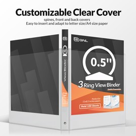 GNL 1/2 Inch Binders 3 Ring Economy, 1/2" Round Ring, Clear View Binder Three Ring PVC-Free & Non-Stick for School or Office Supplies, White - Gray, 12 Packs, Bulk
