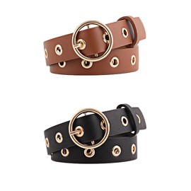 Allegra K Womens Grommet Belt Faux Leather Single Pin Buckle Punk Belts for Jeans Pants Black & Camel 104cm/40.94"