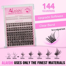 AILAISHI Lash Clusters Kit, DIY Cluster Eyelash Extensions 5‑16mm,144pcs Fluffy D Curl Natural Lashes with Bond and Seal,Remover, Tweezers–Natural Fake Cat Eye Individual Manga Clusters 1-4-L