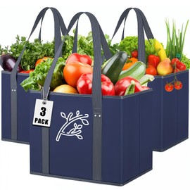 Tailoreadily Heavy Duty Reusable Grocery Bags 3 Pack, Large Box-Shaped Shopping Tote Bags with Hard Bottom & Long Handles | Self-Standing Design for Kitchen, Grocery Shopping & Bulk Storage, Dark Blue