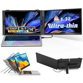 14" Laptop Screen Extender Ultra-Thin, Lightweight Portable Dual Laptop Monitor Extender with Speaker, FHD 1080P Travel Display, Plug & Play, HDMI/USB-A/Type-C for Laptops, Works with Win/Mac/Android