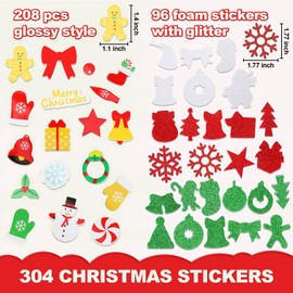 Christmas Foam Stickers 300pcs Santa Claus Snowflake Colorful Glitter And Color Printing Pattern Self-Adhesive Foam Stickers for Crafts Holiday Cards Home Christmas New Year Party Decoration Supplies