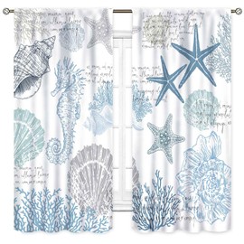 Nautcial Starifish Window Curtains, Beach Theme Coastal Seashell Starfish Blue Coral Rod Pocket Drapes for Bedroom Living Room Kids Room Bathroom Kitchen Window Treatments 2 Panel Sets, 42"x45" Inch