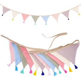G2PLUS Fabric Bunting Banner with Tassel, 12PCS Double Sided Cotton Bunitng, 2.8m Morandi Fabric Triangle Garland, Baby Bunting for Nursery/Baby Shower/Brithday/Party/Bedroom Decoration