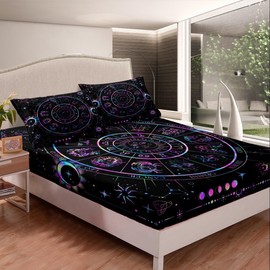 Sun and Moon Fitted Sheet Queen Size,Starry Galaxy Zodiac Constellation Bedding Set 3Pcs for Kids Boys Girls Room Decor,Neon Blue Purple Bed Sheet Hippie Boho Deep Pocket Sheet,2 Pillowcases