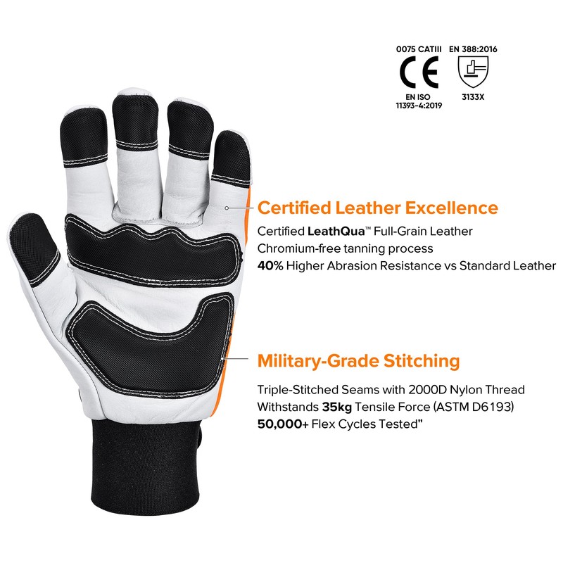 SAFEYEAR Chainsaw Gloves, L, White Cowhide & PVC Reinforced, EVA