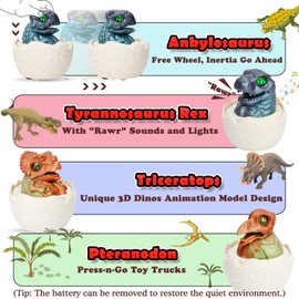 Easter Gift Set, 4 Dinosaur Eggs with Pull Back Cars Inside, Easter Egg with Light and Sound Effects, Easter Egg Hunt Fountain Pen Kit, Gifts for Children, Girls, Boys, 3-12+