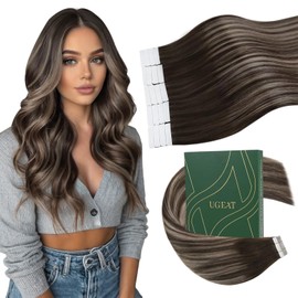 Ugeat Tape in Hair Extensions Human Hair for Fine Hair 12 Inch Salon Remy Hair Extensions Tape in Lightweight Invisible Tape in Extensions 20Pcs Dark Brown Ombre Ash Blonde Balayage #4/18/4