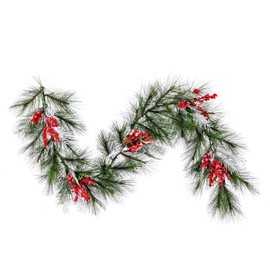 Vickerman 6' x 16" Frosted Artificial Christmas Garland with 55 PE/Hardneedle Tips and Decorated with Red Berries and Green and Frosted Foliage