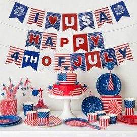KICOSY I Love USA Happy 4th of July Banner - Red White Blue American Flag Bunting, Patriotic Decorations for Independence Day, Memorial Day & More - Indoor/Outdoor Use
