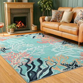ST. BRIDGE 5x8 Teal Boho Floral Area Rug, Machine Washable Living Room Rug, Non-Slip Low Pile Modern Abstract Print Soft Carpet for Bedroom, Kids Room, Playroom, Office