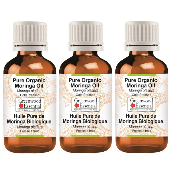 Greenwood Essential Natural Pure Organic Moringa Oil (Moringa Oleifera) Natural Pure Therapeutic Quality Cold Pressed (Pack of Three) 100 ml x 3 (10 oz)