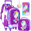 FTJCF 3PCS Rolling Backpack for Girls, Kids Unicorn Roller Bookbag