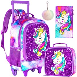 FTJCF 3PCS Rolling Backpack for Girls, Kids Unicorn Roller Bookbag with Wheels, Wheeled School Bag Set for Elementary - Purple