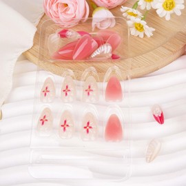 3D Handmade Press on Nails with Charms Fake Nails Medium Almond Cute French Nails Press ons Butterfly Flower Flower Stick on Nails Acrylic Nails Pearl Nails for Women Daily Wear 24Pcs