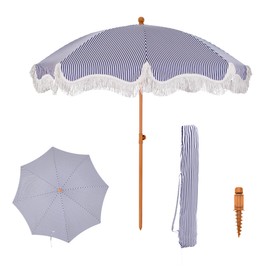 PHI VILLA 7ft Beach Umbrella with Fringe & Sand Anchor, Outdoor Patio Heavy Duty Windproof Portable Tassel Umbrellas for Sand with Push Button Tilt & Carrying Bag, UPF 50+, Stripe Blue & White