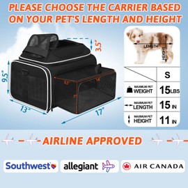 Petskd Top and Side Expandable Pet Carrier 17x13x9.5 Inches Southwest Allegiant Airline Approved, Soft-Sided Carrier for Small Cats and Dogs with Locking Safety Zippers and Anti-Scratch Mesh(Black)