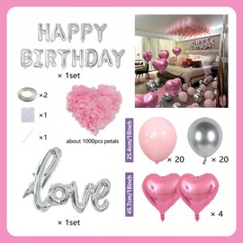 Birthday Decorations Pink And Silver Birthday Party Decorations With Pink Rose Petals Happy Birthday Silver Heart Shape Balloons And Love Balloons Suitable For Birthdays Of Girls, Ladies, Wives