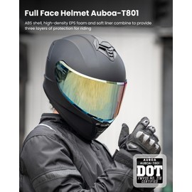 AUBOA Full Face Motorcycle Helmets for Adult Men Women, Lightweight Motorbike Street Bike Racing DOT Helmet Model AU-T801B Matte Black with Chrome Gold Visor, 2XL