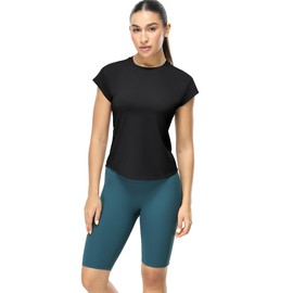 icyzone Women's Crewneck Workout T Shirts Quick Dry Athletic Cap Sleeve Fitness Gym Running Yoga Tee Tops (Black, L)