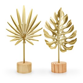 LuckyOpt 19cm Mini Gold Leaf Sculpture Ornament, 2PCS Metal Gold Palm Leaves Decor for Desk, Sideboards, Display Cabinet Filler, Iron Craft Ginkgo Leaf Decor with Wooden Base (Monstera+Palm Leaf)
