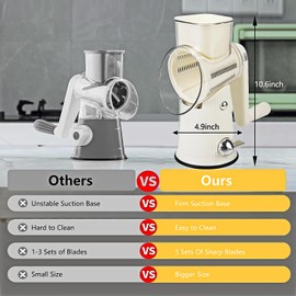 Rotary Cheese Grater with Handle: 5 in 1 Cheese Grater Hand Crank Cheese Shredder with Strong Suction Base Kitchen Vegetable Slicer with 5 Interchangeable Blades, Storage Box, White