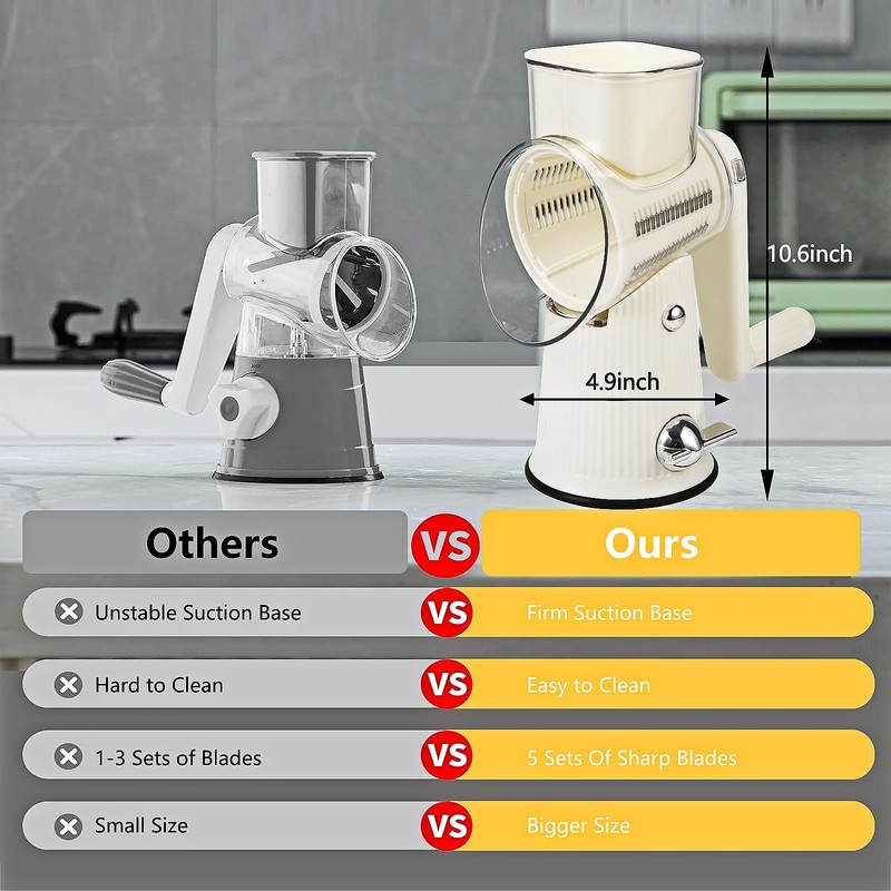 Rotary Cheese Grater with Handle: 5 in 1 Cheese Grater