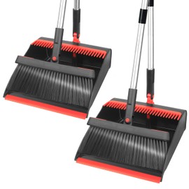 PHYEX 2-Pack Broom and Dustpan Combo Set, with 48" Adjustable Long Stainless Handles, Stand Up Dustpan with Self-Cleaning Teeth, Ideal for Home, Office, Kitchen, Indoor & Outdoor Use, Black