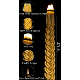 Ner Mitzvah Braided Beeswax Havdalah Candle - Wide Thick Criss-Cross Braid - Hand Dipped Bees Wax Braided - Shabbat Judaica Gift